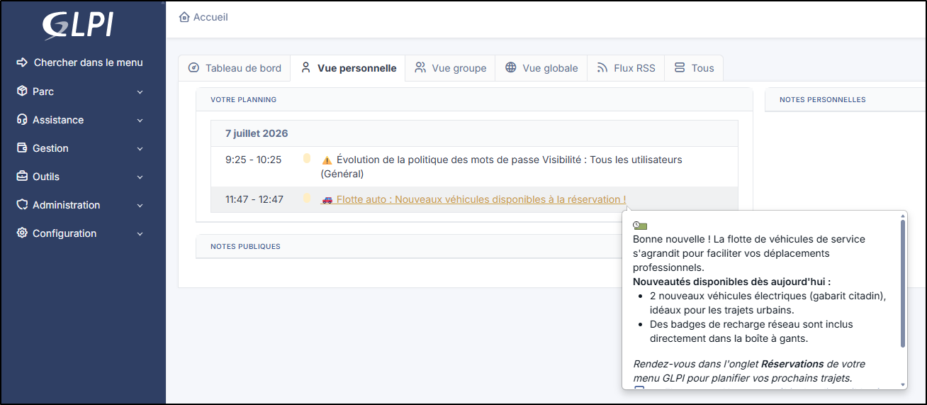 Note sur la page d'accueil de GLPI