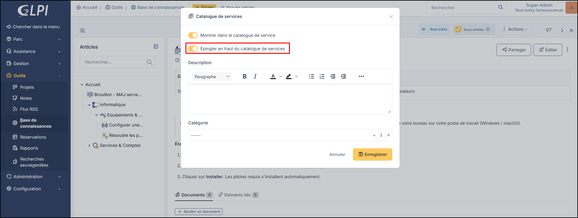 Configuration Épingler en haut