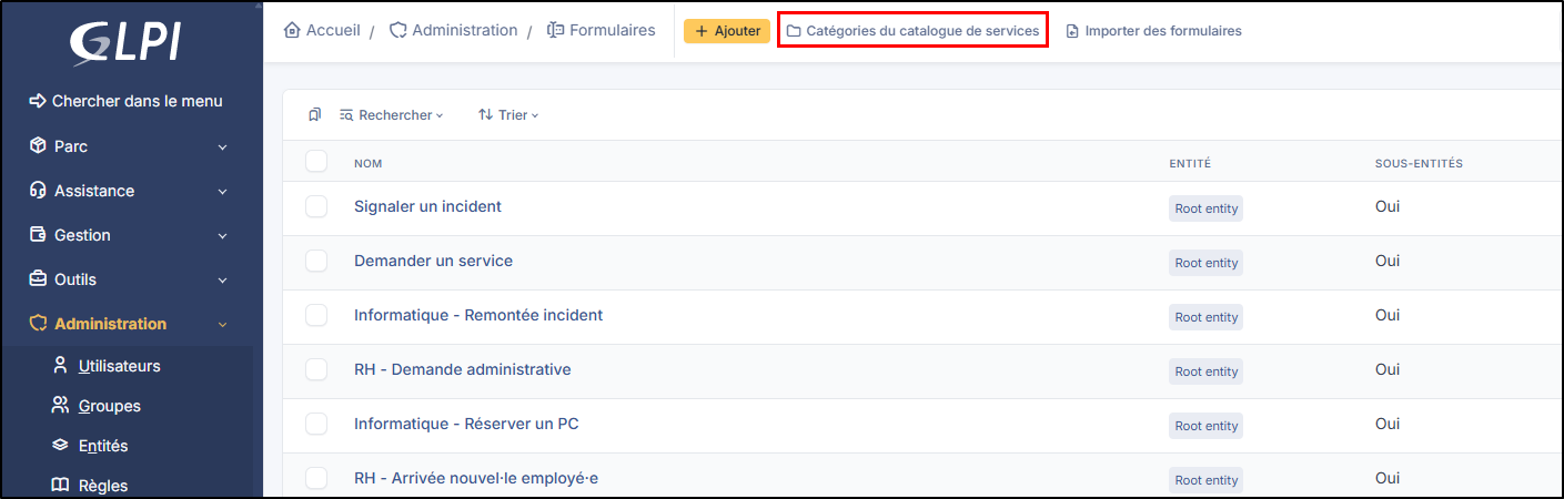 Bouton Catégories du catalogue de services